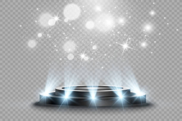 istock Podium, pedestal or platform, illuminated by spotlights in the background. Vector illustration. Bright light. Light from above. Advertising place 1471901034