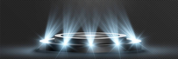 istock Podium, pedestal or platform, illuminated by spotlights in the background. Vector illustration. Bright light. Light from above. Advertising place 1471901148