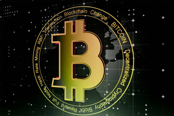 istock Digital exchange and crypto currency concept with perspective view on golden bitcoin icon on dark technological background. 3D rendering 1471902082