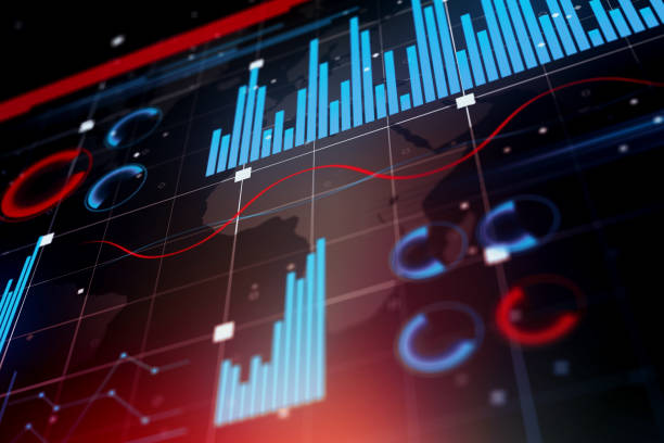 istock Bottom view on digital stats infographic chart with blue and red graphs on dark background. 3D rendering 1471902118