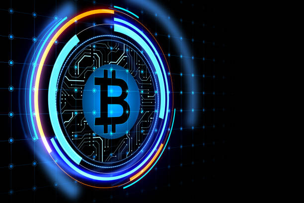 Online transaction and technological network concept with perspective view on digital bitcoin with circuit in a circle on dark background. 3D rendering