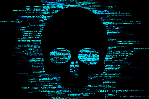 Black skull symbol on dark background with blue binary programming code, cybercrime, hacking and network ddos concept. 3D rendering