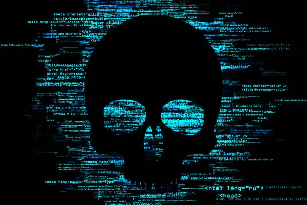 Photo of Black skull symbol on dark background with blue binary programming code, cybercrime, hacking and network ddos concept. 3D rendering