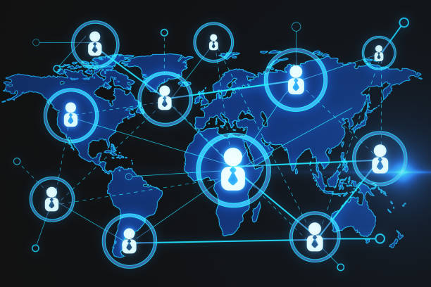 istock Social media and internet communication concept with front view on glowing digital connected user icons n dark background with world map silhouette. 3D rendering 1471902240