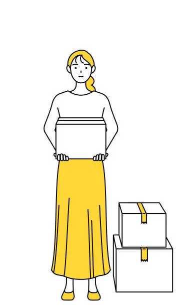Vector illustration of A casually dressed young woman working to carry cardboard boxes