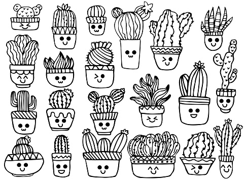 Cute kawaii set of cactus in flowerpots. Coloring page. Hand drawn doodle plants. Cartoon cactus for coloring book. Vector illustration.