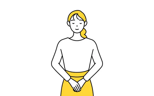 Vector illustration of A casually dressed young woman bowing with folded hands.