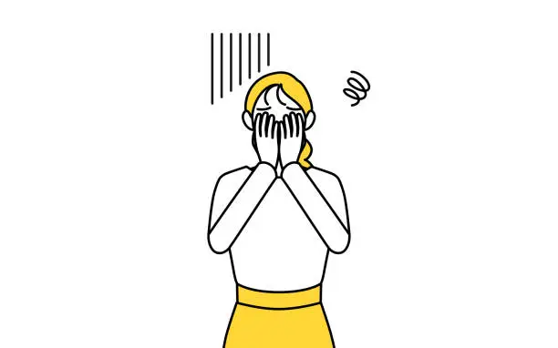 Vector illustration of A casually dressed young woman covering her face in depression.