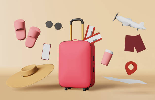 istock Pink suitcase airplane tickets map passport slippers hat coffee 3d rendering banner. Modern creative travel advertising. 1471909609