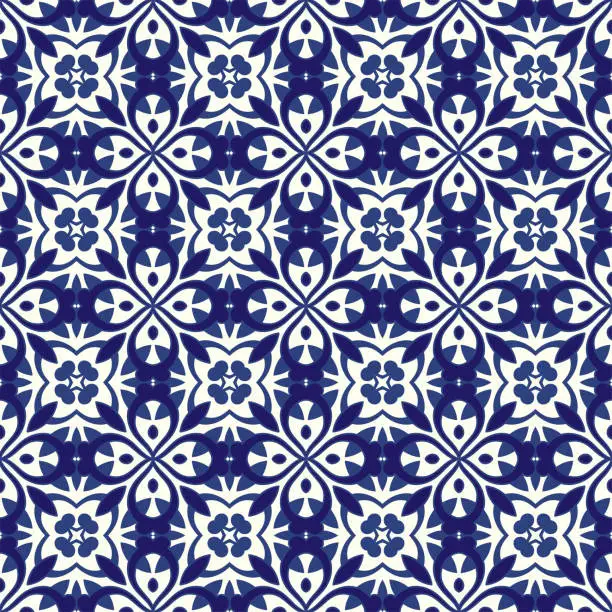 Vector illustration of Portuguese azulejo tile texture. Blue and white gorgeous seamless patterns.
