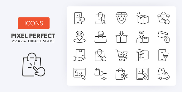 Shopping online, click and collect. Thin line icon set. Outline symbol collection. Editable vector stroke. 256x256 Pixel Perfect scalable to 128px, 64px...