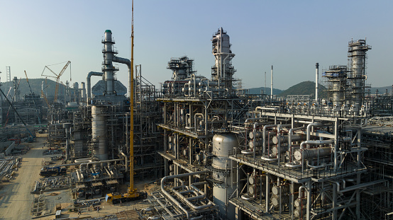 Mega project area, industrail plant construction large crude oil refinery, photograph aerial view