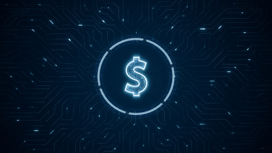 Blue digital money logo and futuristic technotogy circle HUD with circuit board and data transfer on abstract background financial concepts