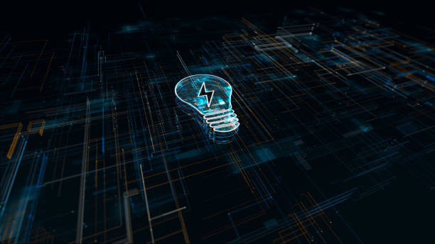 istock Dark blue particle Lightbulb logo ideas concept with grid line digital futuristic technology abstract background 1471914318