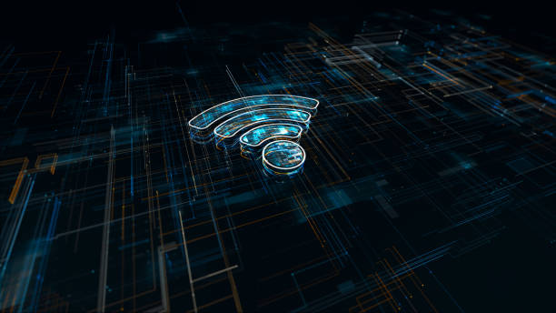 istock Dark blue particle WIFI logo wireless network concept and data connection with grid line digital futuristic technology abstract background 1471914322