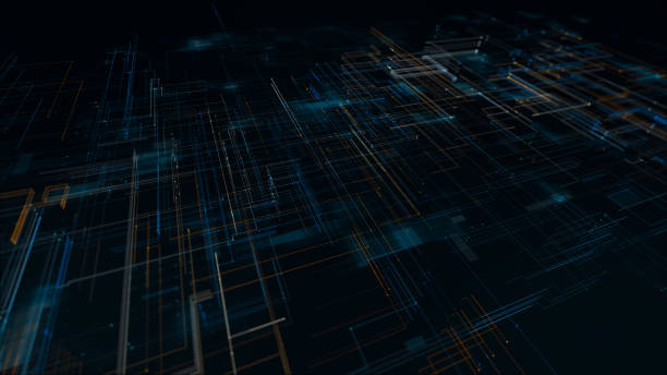 istock Blue digital line and grid perspective technology abstract background concept 1471914333