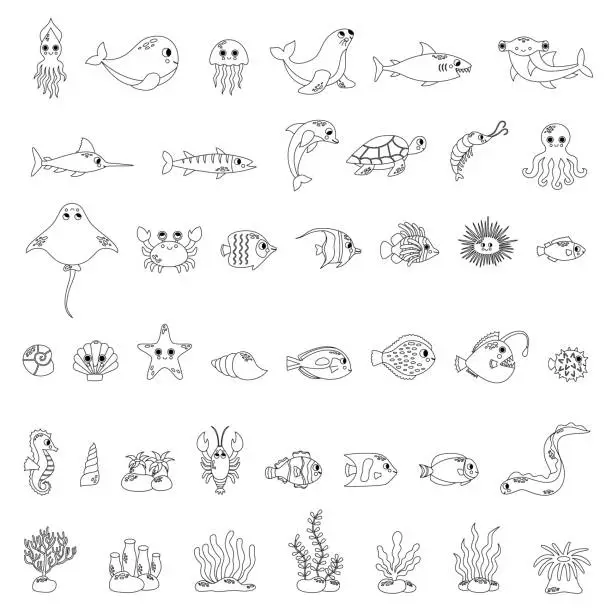 Vector illustration of Sea life animal collection black and white. Coloring set.