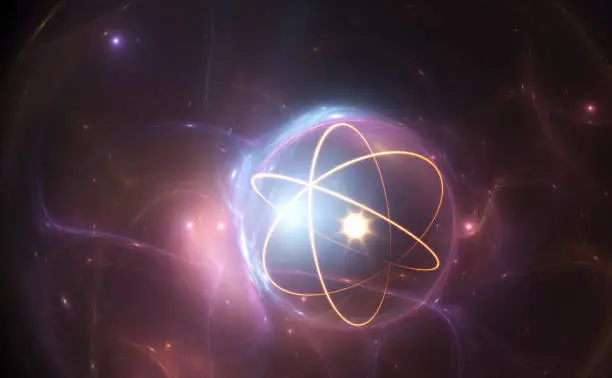 Atom nuclear model on energetic background, 3D illustration