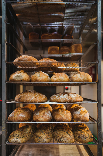 Different types of breads on a metal tray rack trolley cooling down in bakery