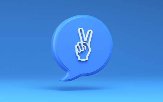 3D Render Victory Peace Sign on Blue Background ,Hand Symbol Speech Bubble, Clipping Path, Clipping Path