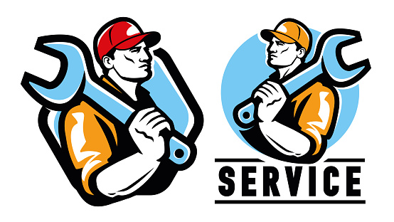 istock Construction worker, engineer emblem. Builder with wrench, workshop logo. Vector illustration 1471918070