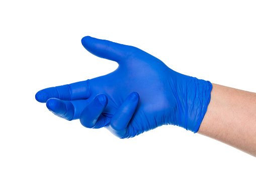 Crop anonymous isolated hand of doctor in blue medical latex glove on white background