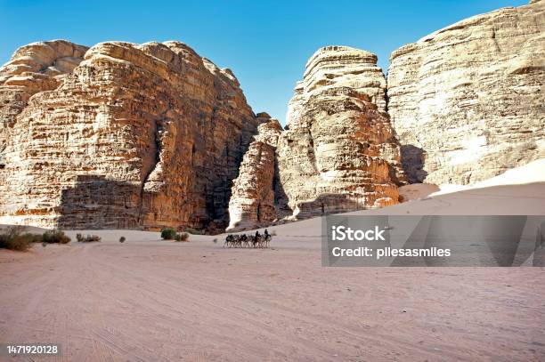 Camel Trains Pass In Wadi Rum Or Valley Of The Moon Jordan Middle East Stock Photo - Download Image Now