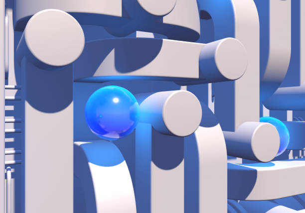 istock White industrial or technology abstraction with shiny blue balls and connection pipes. 3D illustration 1471921209