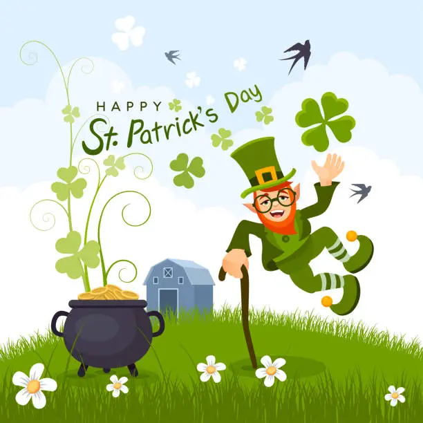 Vector illustration of Happy St. Patrick's Day. Leprechaun and a pot of gold.