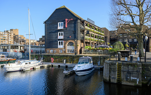 St Katharine Docks, London, UK: The Dickens Inn at St Katharine Docks Marina in Wapping near the City of London.