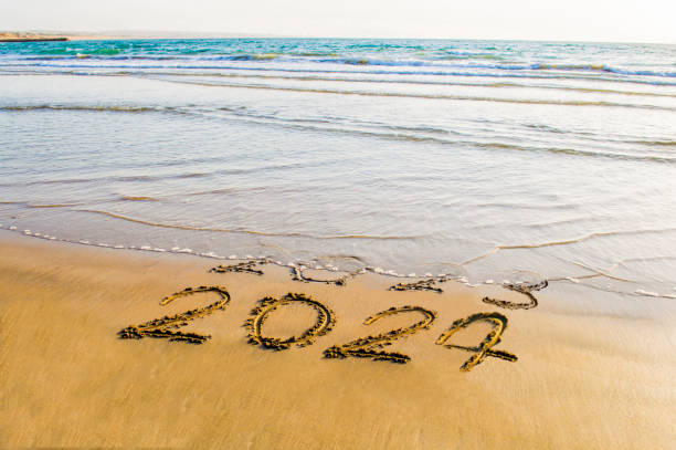 istock happy new year 2024 on beach 1471924162