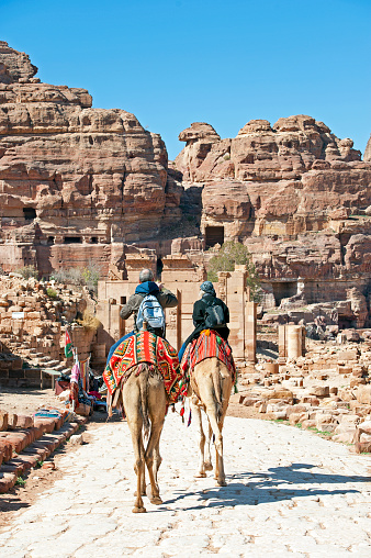 Tourists on camel back, Petra, Jordan, Middle East. Petra, built around 300 B.C. by the Nabataean Arabs, is the world famous archaeological site in Jordan's southwestern desert. Capital of the Nabatean Kingdom it seamlessly blends Arab style with Hellenistic and Roman or Byzantine architecture. Accessed via Al Siq, a narrow canyon, it contains tombs and temples carved into the pink sandstone cliffs, hence the 'Rose City' The most famous and iconic structure is Al Khazneh, a temple with an ornate Greek-style facade, also known as The Treasury