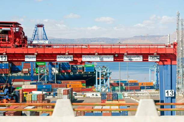 Busy Aqaba Container Port quayside, Gulf of Aqaba, Jordan stock photo