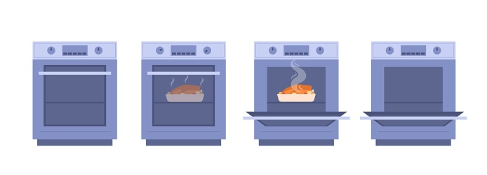 Baking in oven set. Collection of turkey or chicken cooking stages. Preparation at kitchen. Electronic machine for homemade dishes. Cartoon flat vector illustrations isolated on white background