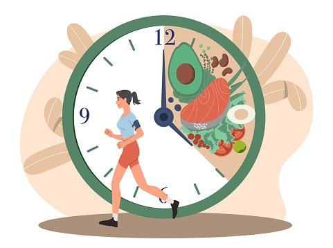Fast metabolism concept. Woman next to clock with natural products. Vegetarian diet and health care, proper nutrition. Balance of proteins, fats and carbohydrates. Cartoon flat vector illustration
