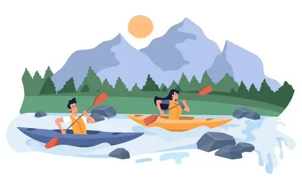 Vector illustration of Rafting on kayaks
