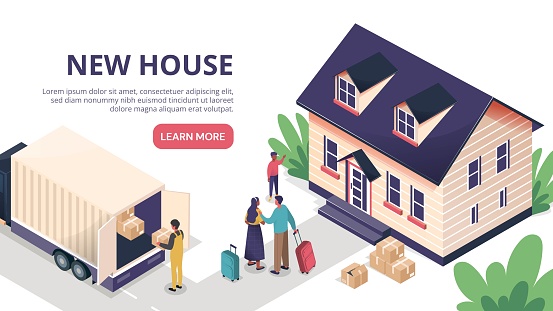 New house concept. Man and woman with things moving into new building. Transportation, owners and loaders. Truck with cardboard boxes. Family standing near home. Cartoon isometric vector illustration
