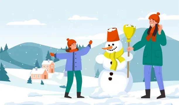 Vector illustration of People make snowman