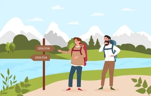 Vector illustration of Tourists on hike