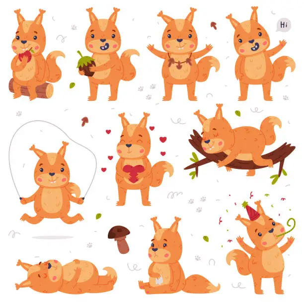 Vector illustration of Funny Squirrel Character with Bushy Tail Engaged in Different Activity Vector Set