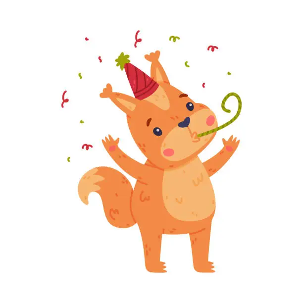 Vector illustration of Funny Squirrel Character with Bushy Tail in Birthday Hat Blowing Whistle Vector Illustration