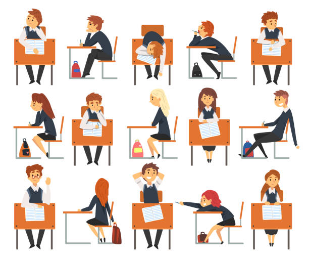 Boy and Girl Pupil or Student Sitting at Desk Having School Lesson Big Vector Set Boy and Girl Pupil or Student Sitting at Desk Having School Lesson Big Vector Set. Teens Engaged in Compulsory School Education Sitting in Classroom Gaining Knowledge Concept bored teen stock illustrations