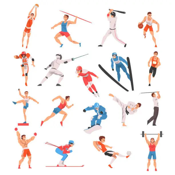 Vector illustration of Professional Man Athlete and Sportsman Engaged in Sport Action Training Body Big Vector Set