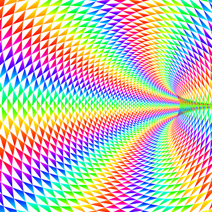 Checked circular tunnel turning right. Rainbow colored, fine stripes. 3D Vector