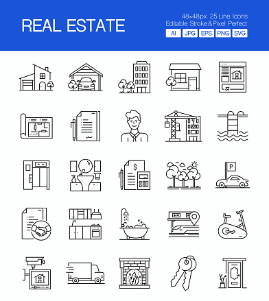 Real Estate thin line vector icon set. The design is editable and the color can be changed. Vector set of creativity icons: Contract , For Sale , House , Residential Building , Real Estate Agent , Real Estate investment