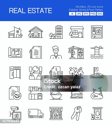 istock Real Estate thin line vector icon set. The design is editable and the color can be changed. Vector set of creativity icons: Contract , For Sale , House , Residential Building , Real Estate Agent , Real Estate investment 1471930632