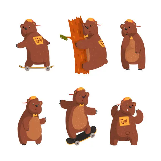 Vector illustration of Funny Brown Bear Character in Baseball Cap with Bow Tie on Skateboard and Tree Climbing Vector Set