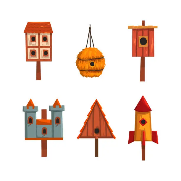 Vector illustration of Wooden and Straw Decorative Birdhouse and Spring House for Birds Vector Set
