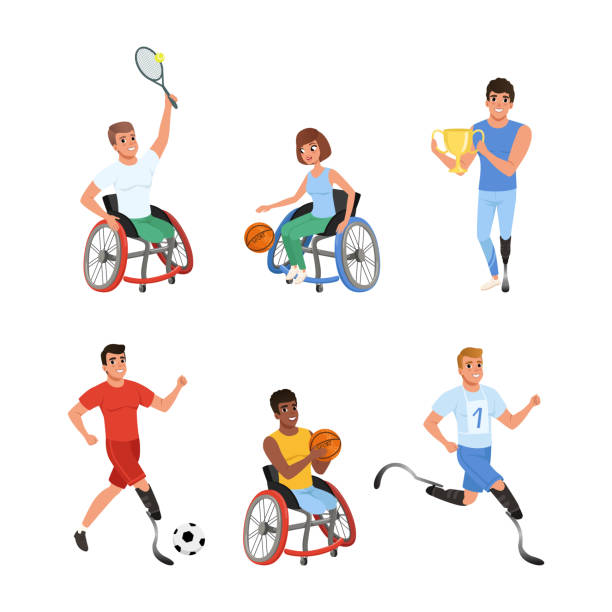 ilustrações de stock, clip art, desenhos animados e ícones de disabled people character doing sport activity participating in competition vector set - physical impairment athlete sports race wheelchair