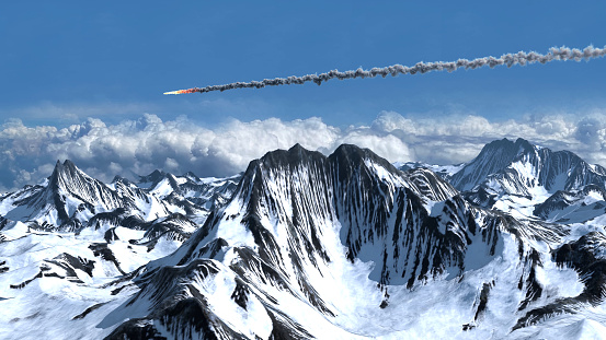 3d rendering,Meteors asteroids or rockets flying over Snowy mountains alps
Aerial view over burning meteors or rockets flying over the clouds, Cinematic view,2022,global extinction threat concept